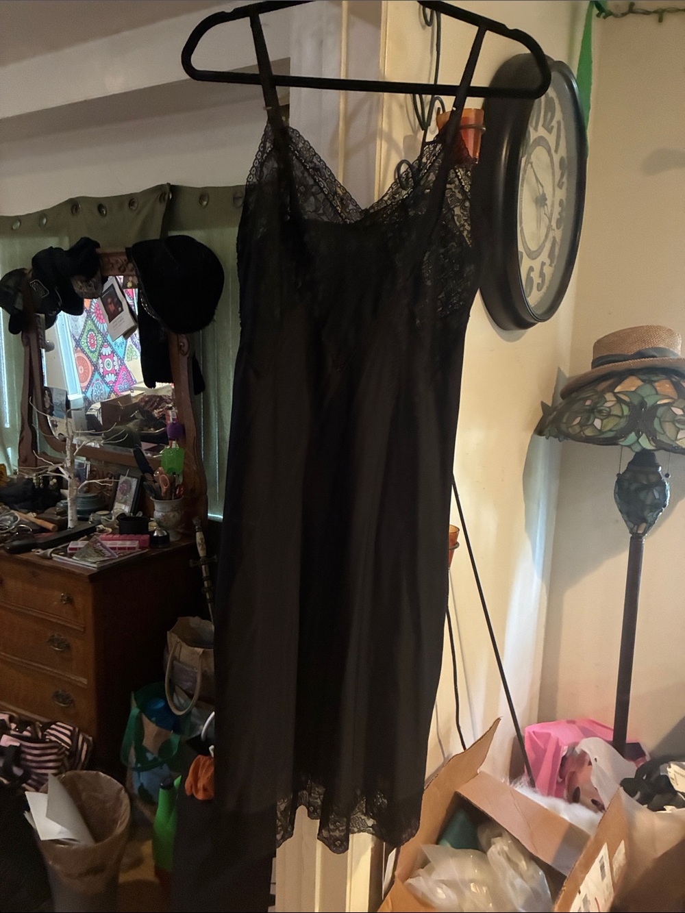 Vintage Black Lace-Trim Slip Dress for Women